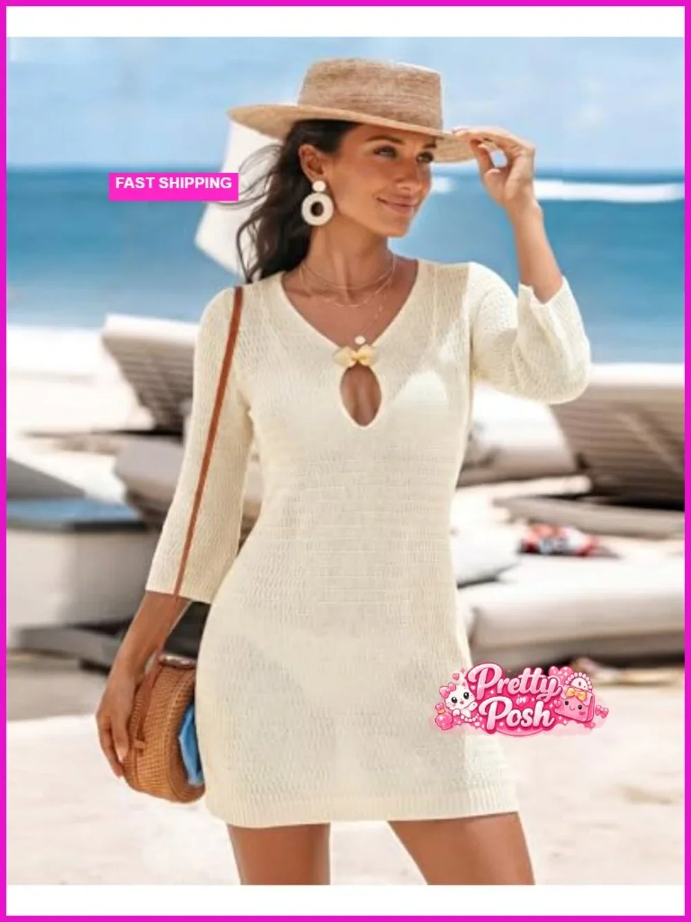Crochet Swimsuit Cover Up 3/4 Sleeve Knit Cutout Beach Dress Vacation